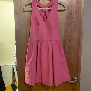 Pink solid seersucker dress with bow